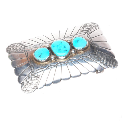 R Peter Navajo sterling silver 3 stone turquoise belt buckle