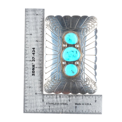 R Peter Navajo sterling silver 3 stone turquoise belt buckle