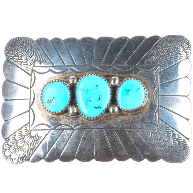 R Peter Navajo sterling silver 3 stone turquoise belt buckle