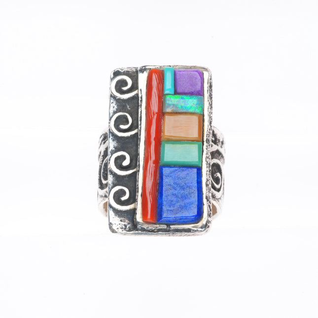 sz7 steve Wikviya LaRance Hopi tufa cast sterling silver multi-stone inlay ring