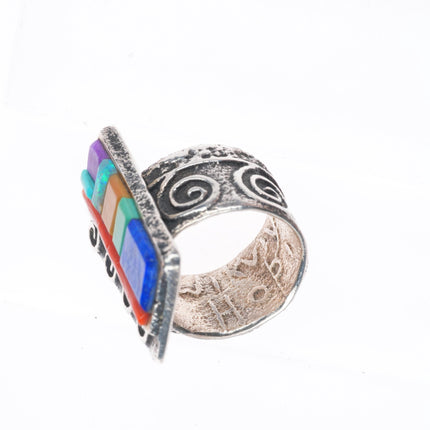 sz7 Steve Wikviya LaRance Hopi tufa cast sterling silver multi-stone inlay ring
