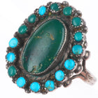 sz11.25 c1930's Navajo greasy green turquoise sterling silver cluster ring