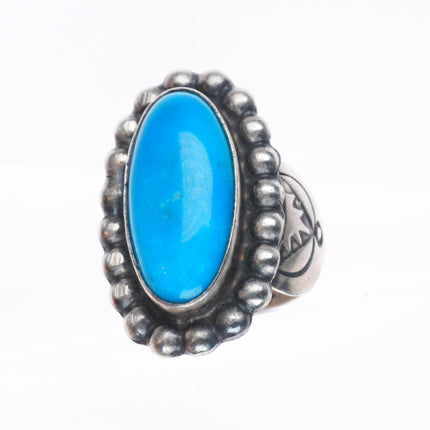 sz7 Paul Livingston Navajo sterling silver turquoise ring with beaded bezel