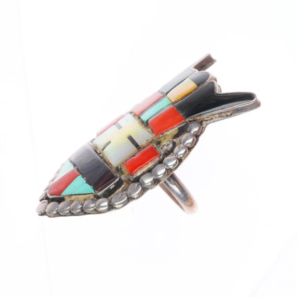 sz6 Big vintage Zuni sterling silver horned Kachina inlay ring