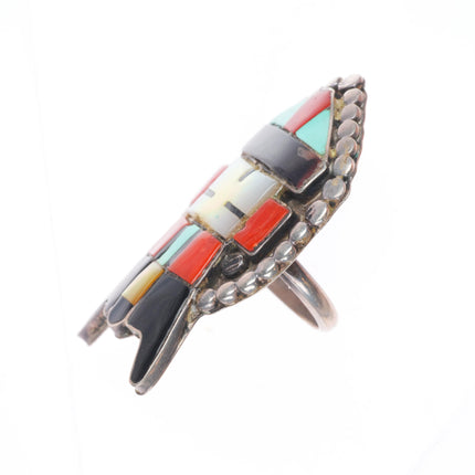 sz6 Big vintage Zuni sterling silver horned Kachina inlay ring