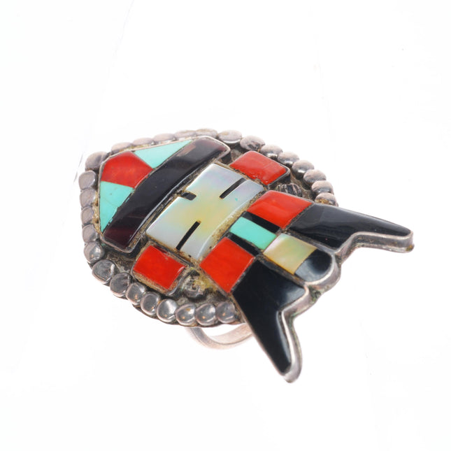 sz6 Big vintage Zuni sterling silver horned Kachina inlay ring