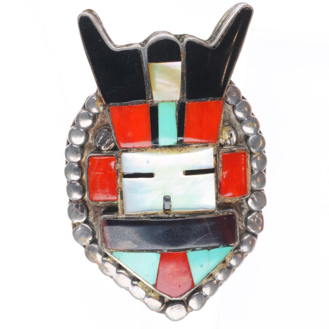 sz6 Big vintage Zuni sterling silver horned Kachina inlay ring