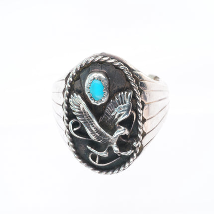 sz11 Heavy vintage Navajo BJ sterling silver turquoise eagle men's ring