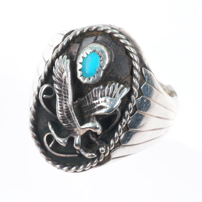 sz11 Heavy vintage Navajo BJ sterling silver turquoise eagle men's ring