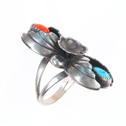 sz8.5 Marie Tsosie Navajo sterling silver turquoise and coral long leafwork ring