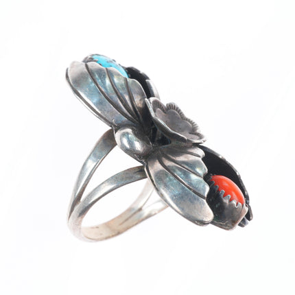 sz8.5 Marie Tsosie Navajo sterling silver turquoise and coral long leafwork ring