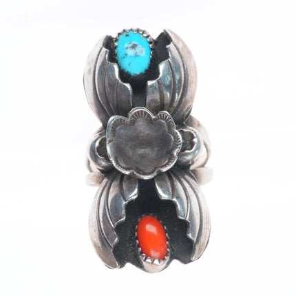 sz8.5 Marie Tsosie Navajo sterling silver turquoise and coral long leafwork ring