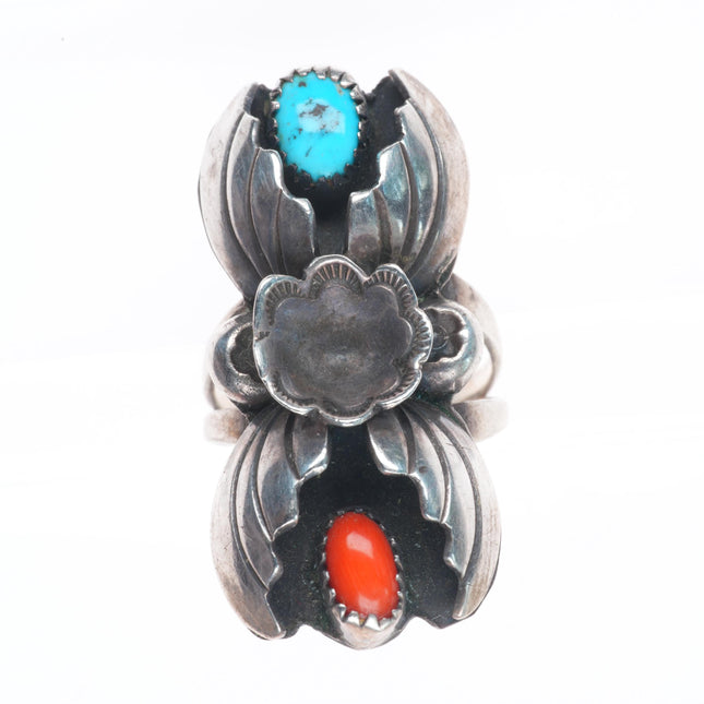 sz8.5 Marie Tsosie Navajo sterling silver turquoise and coral long leafwork ring