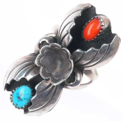 sz8.5 Marie Tsosie Navajo sterling silver turquoise and coral long leafwork ring