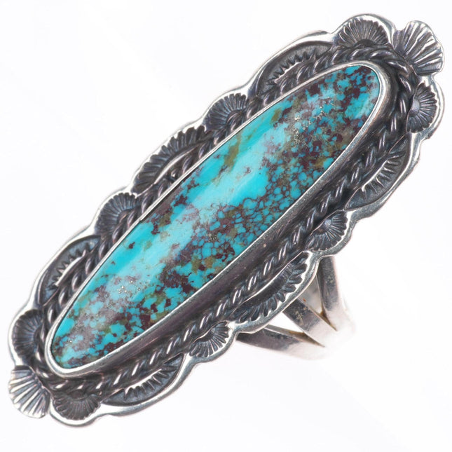 sz7 Vintage Navajo sterling silver long ring with nice spiderweb turquoise
