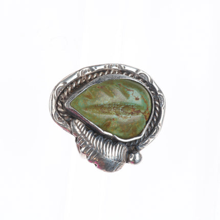 sz6.5 Vintage Zuni sterling silver carved turquoise feather/leaf form ring