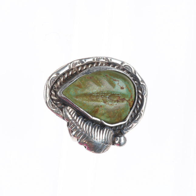sz6.5 Vintage Zuni sterling silver carved turquoise feather/leaf form ring