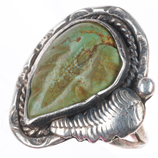 sz6.5 Vintage Zuni sterling silver carved turquoise feather/leaf form ring