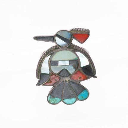sz6 Vintage Zuni sterling silver thunderbird inlay ring with sunface heart