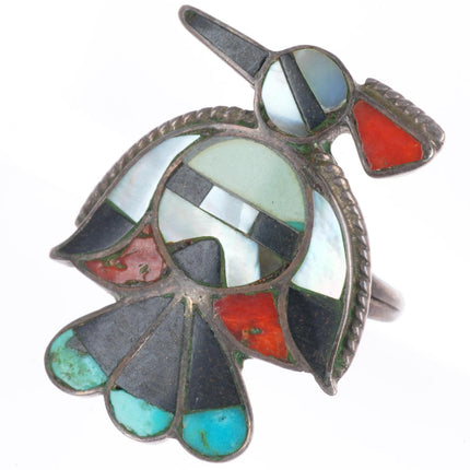 sz6 Vintage Zuni sterling silver thunderbird inlay ring with sunface heart