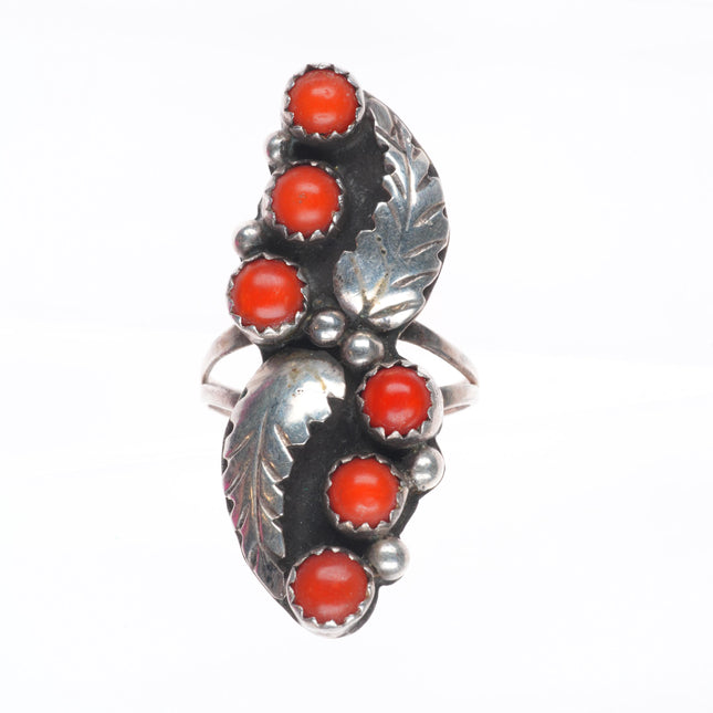 sz6 Vintage Navajo sterling silver coral snake eye long feather ring