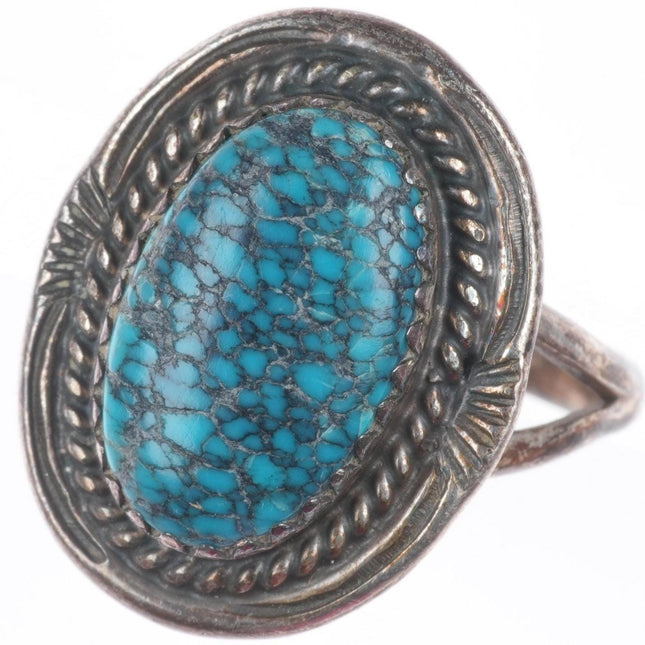 sz6 Vintage Navajo sterling silver spiderweb turquoise ring with rope bezel