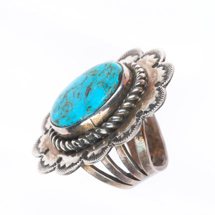 sz8 Big vintage CJ Navajo sterling silver stamped top ring with nice turquoise
