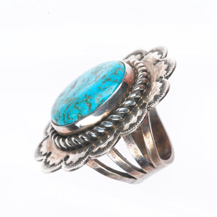 sz8 Big vintage CJ Navajo sterling silver stamped top ring with nice turquoise