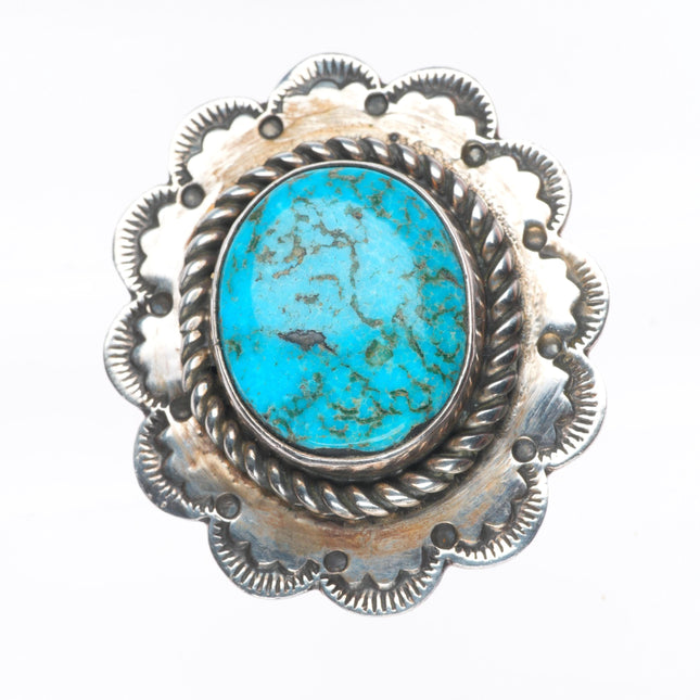 sz8 Big vintage CJ Navajo sterling silver stamped top ring with nice turquoise