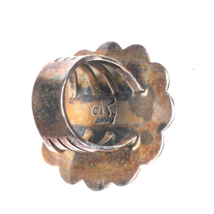 sz8 Big vintage CJ Navajo sterling silver stamped top ring with nice turquoise