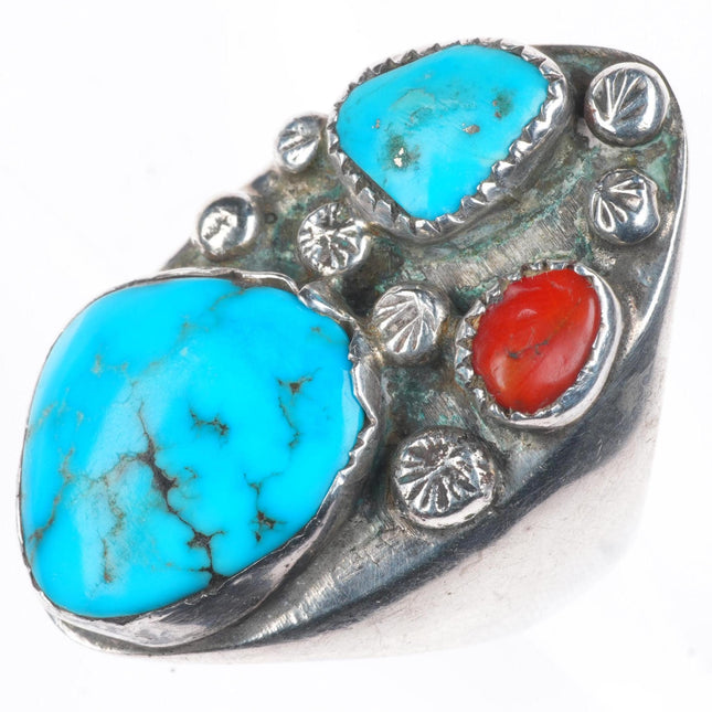 sz11 Large vintage Zuni sterling silver turquoise/coral men's ring