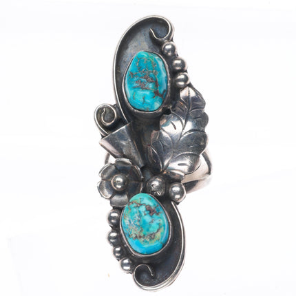 sz7 Phil Chapo Navajo sterling silver long ring with turquoise