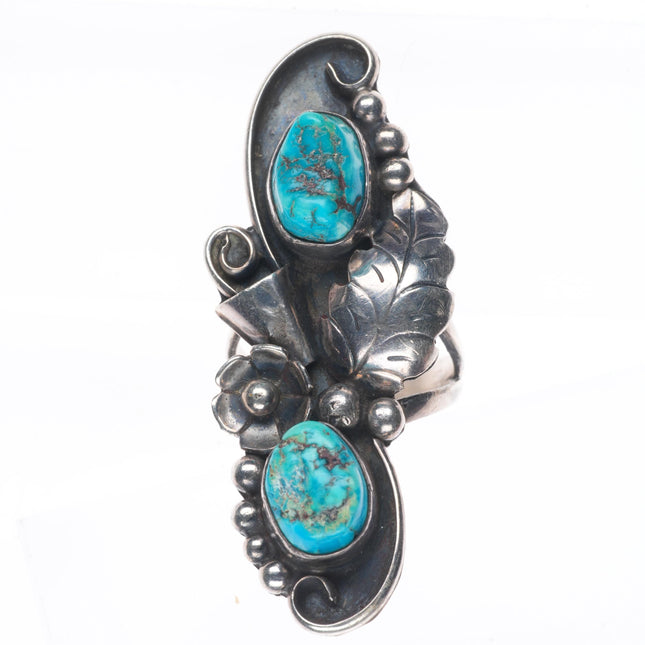 sz7 Phil Chapo Navajo sterling silver long ring with turquoise