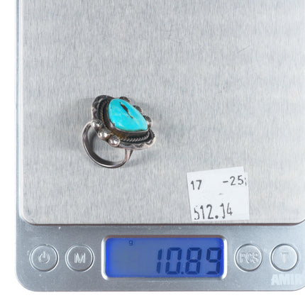 sz5.5 vintage Navajo sterling silver turquoise ring fancy stamped top