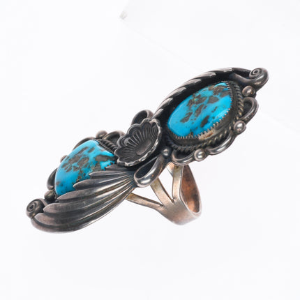 sz9 Huge Vintage Navajo sterling silver feather/blossom ring with turquoise