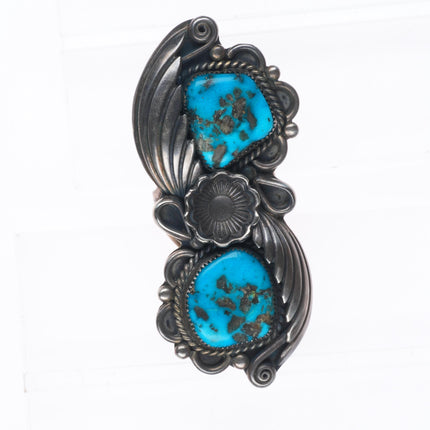 sz9 Huge Vintage Navajo sterling silver feather/blossom ring with turquoise