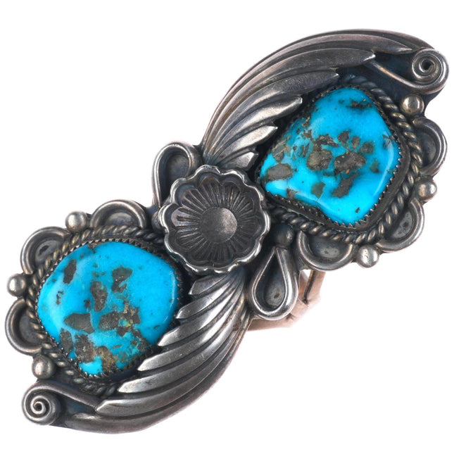sz9 Huge Vintage Navajo sterling silver feather/blossom ring with turquoise