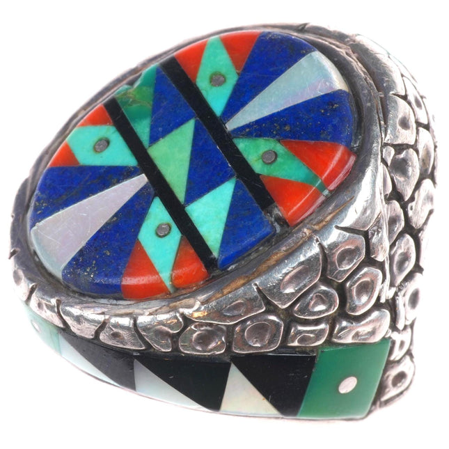 sz9 Heavy vintage Native American sterling silver intarsia inlay men's ring