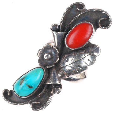 sz7.5 Phil Chapo Navajo sterling silver turquoise/coral long ring