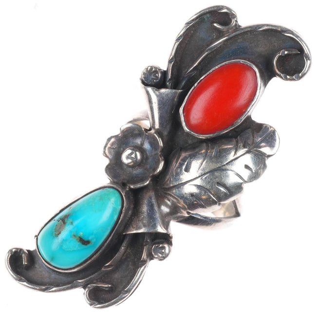 sz7.5 Phil Chapo Navajo sterling silver turquoise/coral long ring