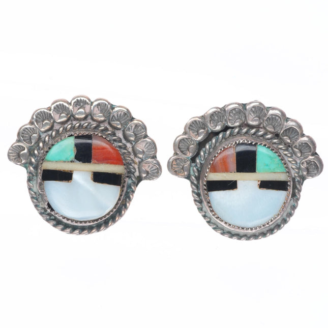 Vintage 40's-50's Zuni sterling silver turquoise, spiny oyster sunface earrings