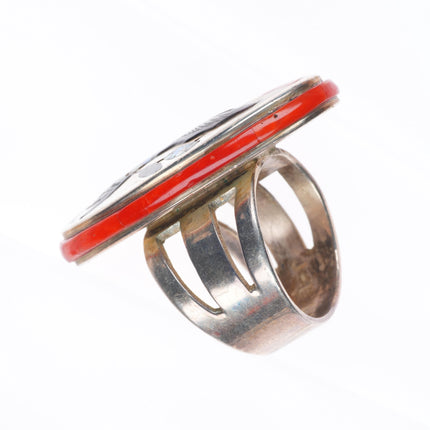 sz8 Jake - Irene Livingston Navajo/Zuni sterling silver hummingbird ring w/coral