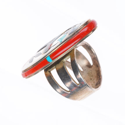 sz8 Jake - Irene Livingston Navajo/Zuni sterling silver hummingbird ring w/coral