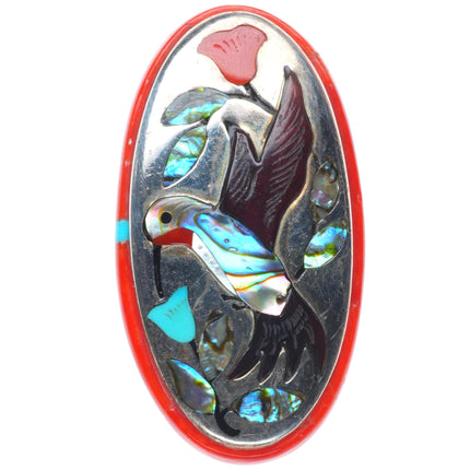 sz8 Jake - Irene Livingston Navajo/Zuni sterling silver hummingbird ring w/coral