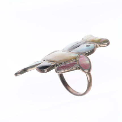 sz7 Big vintage Zuni sterling silver owl ring shell/turquoise inlay