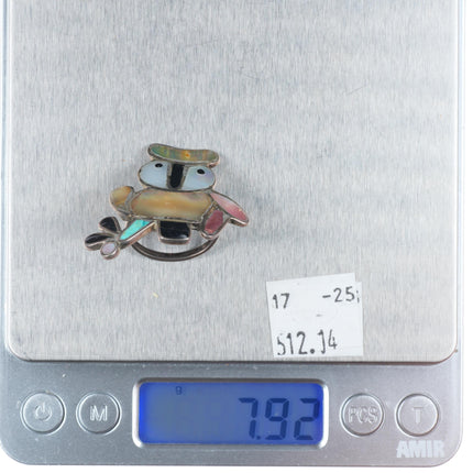 sz7 Big vintage Zuni sterling silver owl ring shell/turquoise inlay