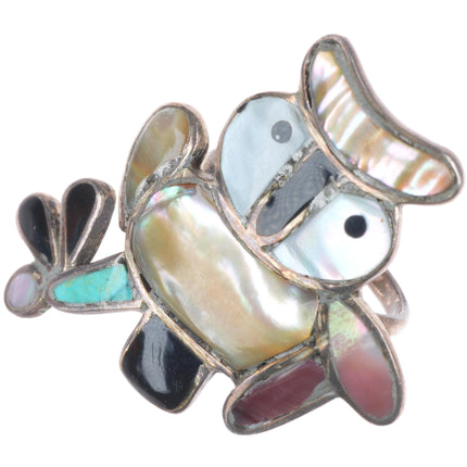 sz7 Big vintage Zuni sterling silver owl ring shell/turquoise inlay