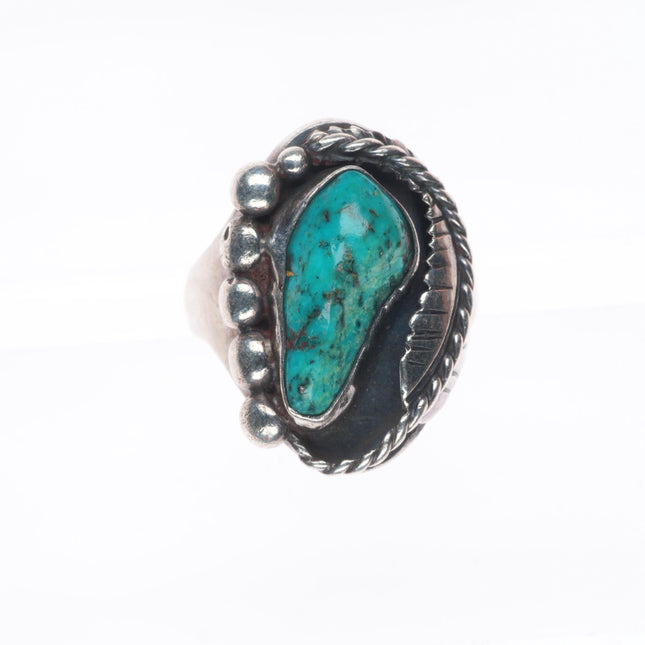 sz10 Vintage Navajo sterling silver turquoise feather bezel ring