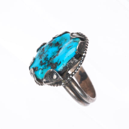 sz10 Vintage Navajo sterling silver turquoise ring with stamped bezels