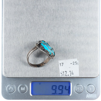 sz10 Vintage Navajo sterling silver turquoise ring with stamped bezels